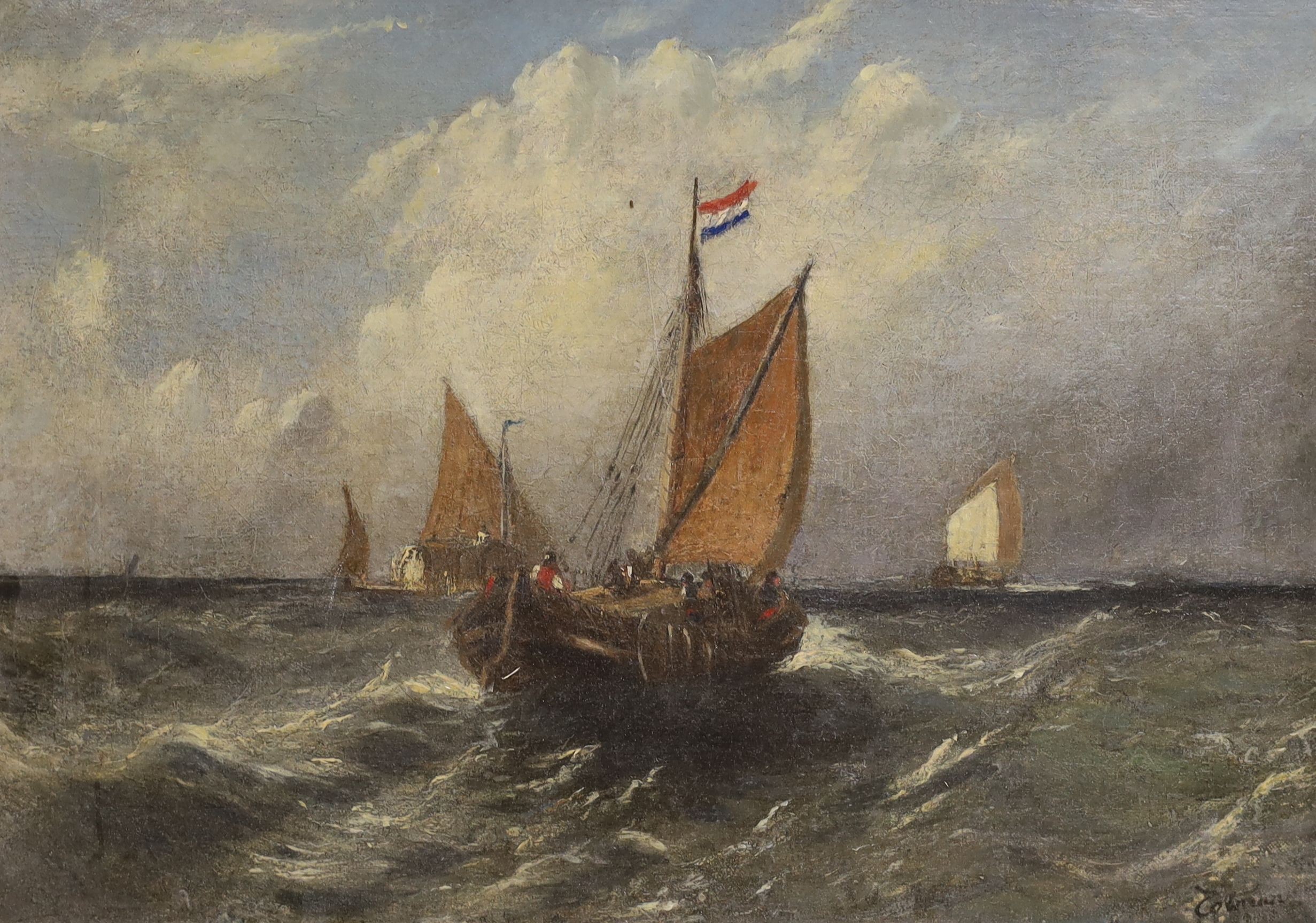 19th century English School, oil on canvas, Dutch fishing boat off the coast, indistinctly signed, 24 x 34cm